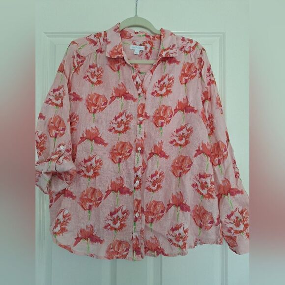 Charter Club 100% linen button up blouse floral print size L - Picture 2 of 6